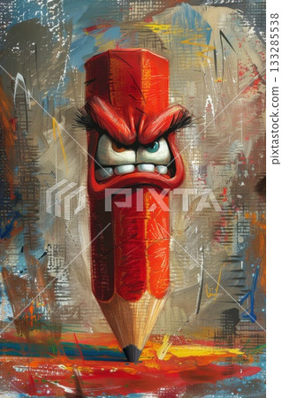 Fierce expression of a red pencil character amid colorful abstract background showcasing creativity and emotion 133285538