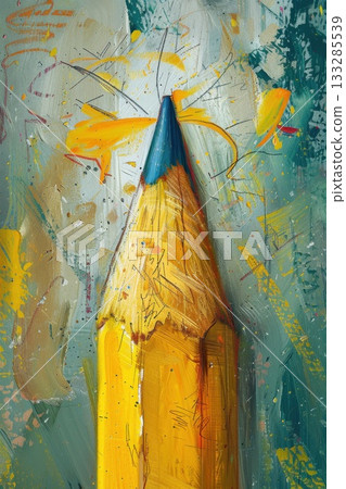 Colorful close-up of a sharpened yellow pencil with vibrant splashes of paint on a textured background capturing creativity and artistic inspiration Colorful close-up of a sharpened yellow pencil with vibrant splashes of paint on a textured background capturing creativity and artistic inspiration 133285539