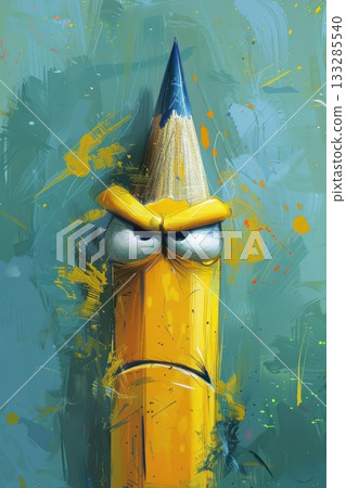 Bright yellow pencil with an angry expression on a colorful background, showcasing a blend of vibrant colors and artistic flair in a playful design 133285540