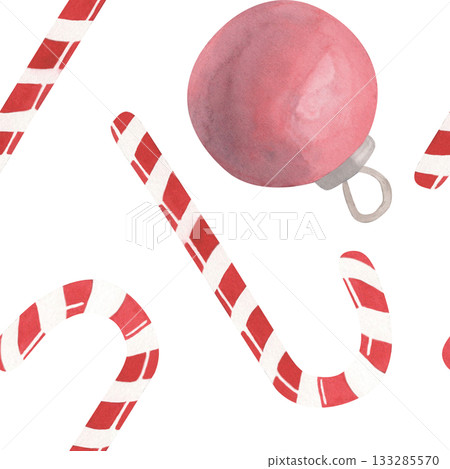 Seamless Christmas pattern with New Year ball and sweets made of sugar cane with red and white stripes. Perfect for postcards, wrapping paper, fabric printing and party invitations 133285570