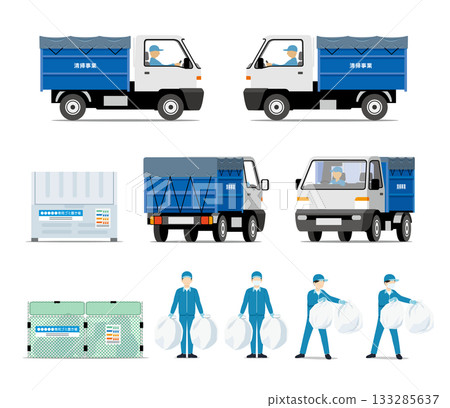 Set of sanitation department, garbage collection, small dump truck and staff 133285637