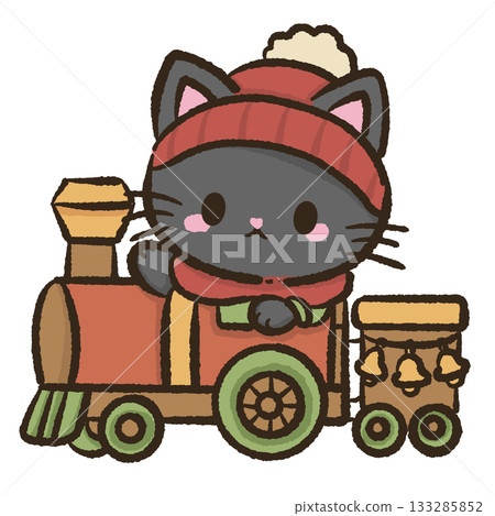 Cute black cat riding Christmas train kawaii winter illustration festive holiday scene cozy adorable seasonal aesthetic with bells and warm colors Cute black cat riding Christmas train kawaii winter illustration festive holiday scene cozy adorable seasonal aesthetic with bells and warm colors 133285852