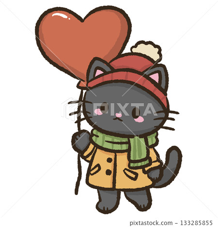 Cute black cat holding heart balloon cozy winter outfit kawaii illustration sweet festive scene adorable holiday aesthetic warm Christmas vibe Cute black cat holding heart balloon cozy winter outfit kawaii illustration sweet festive scene adorable holiday aesthetic warm Christmas vibe 133285855
