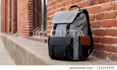 Stylish grey backpack on urban brick wall in city environment Stylish grey backpack on urban brick wall in city environment 133285970