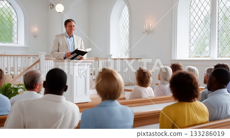 Male pastor addressing congregation in bright church setting 133286019