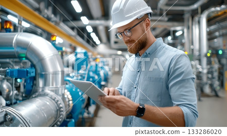 Caucasian male engineer in industrial factory inspecting equipment with tablet 133286020