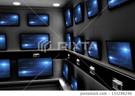 Showroom is displaying corner wall-mounted flat-screen TVs with electronic price tags, copy space Showroom is displaying corner wall-mounted flat-screen TVs with electronic price tags, copy space 133286246