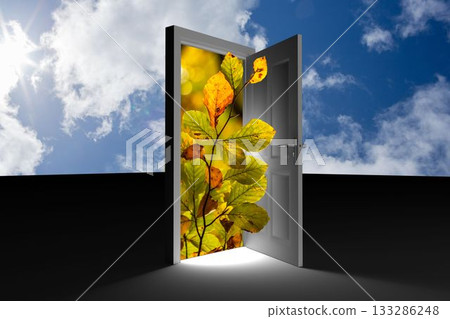 Open door with plant on landscape against sky 133286248