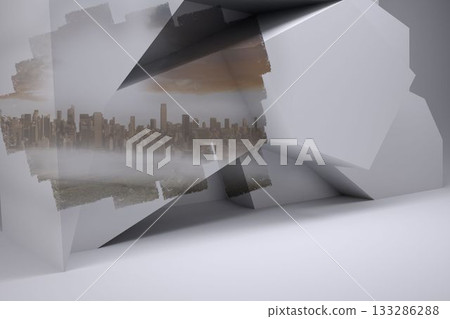 Abstract screen in room showing cityscape 133286288