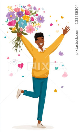 Joyful young african male holding colorful flowers with cheerful expression 133286304