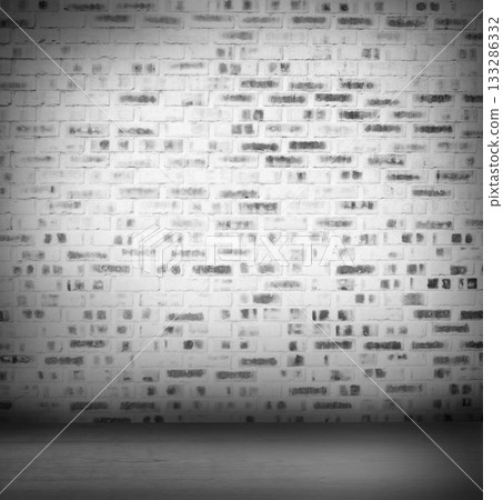 White painted brick wall is being shown in flat design interior studio, with wooden floor White painted brick wall is being shown in flat design interior studio, with wooden floor 133286332