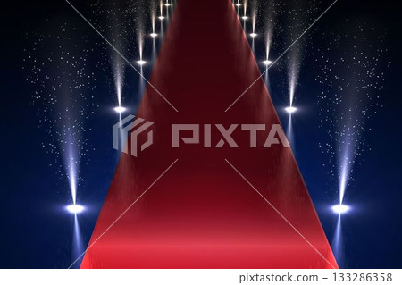 long red carpet walkway is extending into dark 3D render stage, with spotlights and mist 133286358