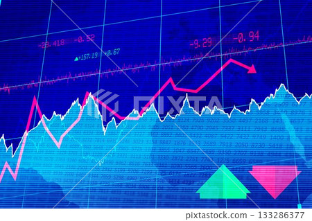 Showing market data on dark blue grid, featuring line, area and trend charts, numbers, arrows Showing market data on dark blue grid, featuring line, area and trend charts, numbers, arrows 133286377