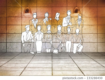Professional team is standing in line-art style with trophy and pendant lamps, concrete tiles grid 133286430