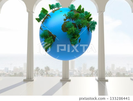 Stylized flat design earth globe with trees is floating inside pavilion with columns and arches Stylized flat design earth globe with trees is floating inside pavilion with columns and arches 133286441