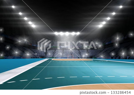 Flat design showing handball court at center with teal floor, red-white goal, floodlights shining Flat design showing handball court at center with teal floor, red-white goal, floodlights shining 133286454