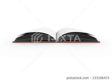 Flat design open hardcover book is lying on seamless white surface, showing blank curved pages Flat design open hardcover book is lying on seamless white surface, showing blank curved pages 133286455
