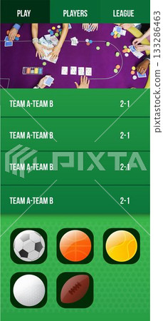 Overhead flat UI poker is showing PLAY PLAYERS LEAGUE cards scoreboard sports icons transparent bg 133286463