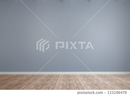 Flat design empty room is showing light grey wall, white baseboard, wooden plank floor and rafters 133286476