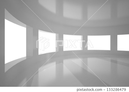Six tall windows are flooding curved gallery space with diffuse light in flat design Six tall windows are flooding curved gallery space with diffuse light in flat design 133286479