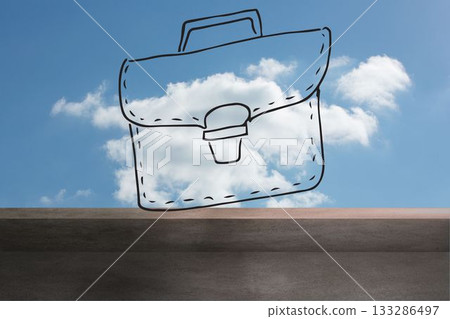 Floating hand-drawn briefcase sketch drifting above concrete ledge under bright blue sky 133286497
