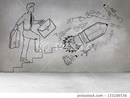 Grey wall with comic man and pencil rocket 133286536