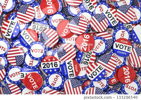 Round campaign buttons are overlapping in flat design, displaying US flag motifs and VOTE slogans 133286540