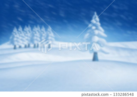 Solitary snow-laden pine tree is standing in flat winter design with falling snow and tree cluster 133286548