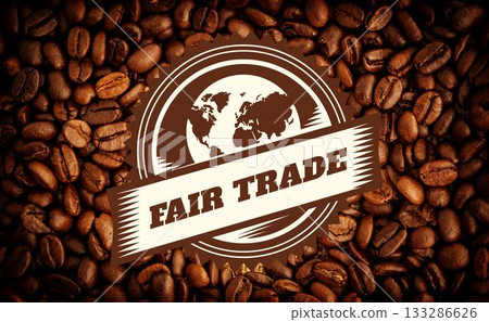 Flat design circular fair trade seal with world map is being shown over roasted coffee backdrop Flat design circular fair trade seal with world map is being shown over roasted coffee backdrop 133286626