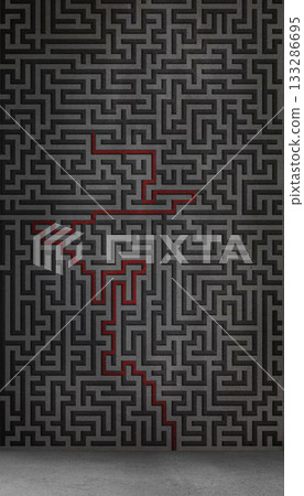 Flat design maze is unfolding on gray wall above smooth concrete floor with red solution path Flat design maze is unfolding on gray wall above smooth concrete floor with red solution path 133286695