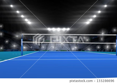Tennis net and blue court featuring flat design arena, blue padded posts, white lines, floodlights Tennis net and blue court featuring flat design arena, blue padded posts, white lines, floodlights 133286696