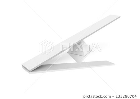 Seesaw is balancing long white plank on white pyramid fulcrum in minimalist studio with reflection 133286704