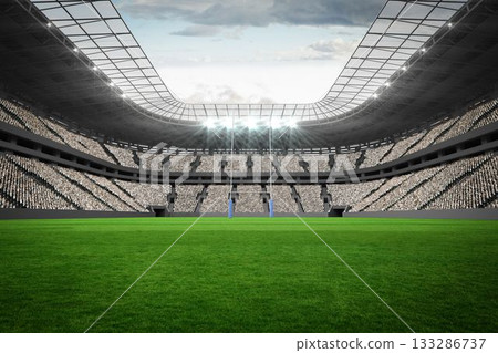 Tall white goal posts are being shown in illustrated stadium with green field and transparent roof Tall white goal posts are being shown in illustrated stadium with green field and transparent roof 133286737