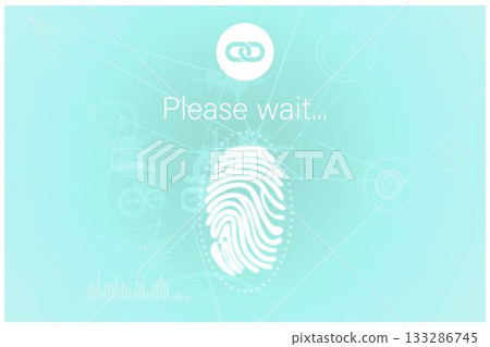 Flat design fingerprint loader is showing please wait text on teal gradient with chain link icon 133286745