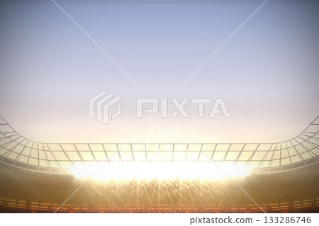 Stadium floodlights are shining over empty seating at dusk in flat design, with curved roof beam 133286746