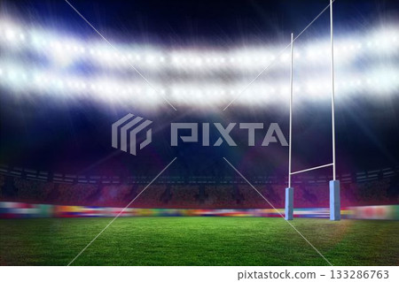 Empty rugby field is being shown at night in flat design, with goalposts, floodlights, grass turf Empty rugby field is being shown at night in flat design, with goalposts, floodlights, grass turf 133286763