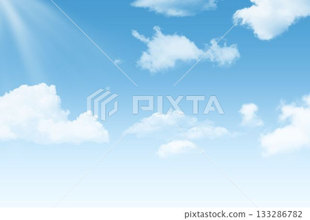 Flat design illustration is showing bright blue sky with fluffy cumulus clouds and sun rays 133286782
