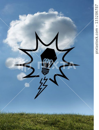 Graphic with light bulb and flash on bright sky Graphic with light bulb and flash on bright sky 133286787