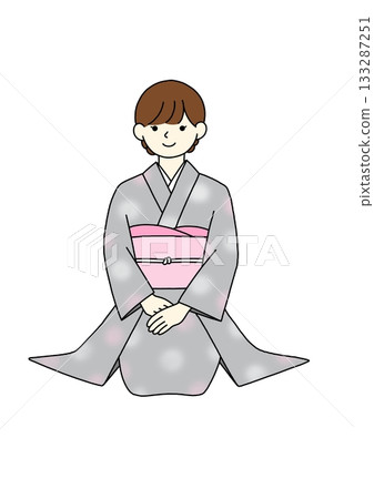 Gray furisode (long-sleeved kimono) sitting upright Gray furisode (long-sleeved kimono) sitting upright 133287251