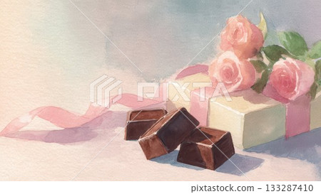 Rose and ribbon gift and chocolate watercolor background material 133287410