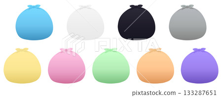 Illustrations of garbage bags in various colors: light blue, white, black, gray, yellow, pink, green, orange, purple 133287651
