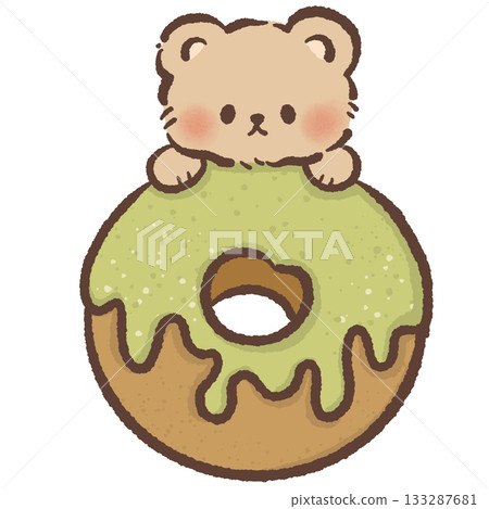 Cute bear holding matcha glazed donut kawaii dessert illustration sweet bakery pastry food art green tea aesthetic adorable character pastel treat design 133287681