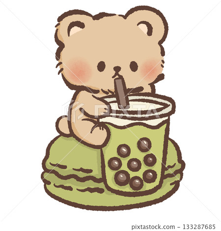 Kawaii bear with matcha bubble tea sitting on macaron cute dessert illustration boba drink sweet pastel food art adorable character matcha aesthetic Kawaii bear with matcha bubble tea sitting on macaron cute dessert illustration boba drink sweet pastel food art adorable character matcha aesthetic 133287685