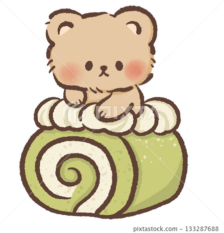 Kawaii bear perched on fluffy matcha roll cake with creamy swirl and whipped topping, cozy dessert illustration ideal for bakery and cafe themed designs Kawaii bear perched on fluffy matcha roll cake with creamy swirl and whipped topping, cozy dessert illustration ideal for bakery and cafe themed designs 133287688