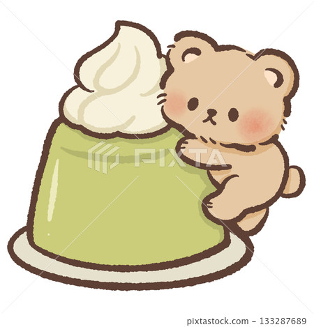 Adorable bear hugging a creamy matcha pudding topped with whipped cream, sweet kawaii dessert illustration ideal for bakery, cafe and matcha lovers 133287689