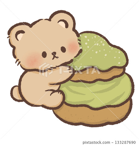 Adorable bear hugging matcha cream puff stack with fluffy filling and pastel tones, sweet kawaii dessert artwork perfect for matcha and bakery lovers 133287690