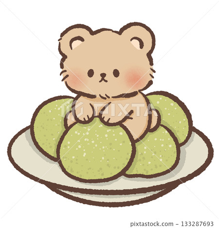 Kawaii bear resting on matcha mochi dessert plate, cute green tea sweets illustration perfect for cozy cafe themes and Japanese dessert designs 133287693