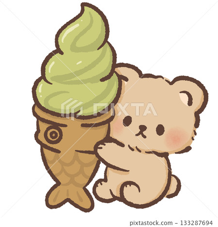 Sweet bear holding matcha taiyaki soft serve ice cream, adorable kawaii dessert theme with cozy cafe and matcha lover aesthetic for cute designs Sweet bear holding matcha taiyaki soft serve ice cream, adorable kawaii dessert theme with cozy cafe and matcha lover aesthetic for cute designs 133287694