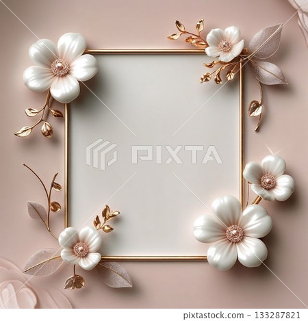 Pink background with rose gold frame of white flowers 133287821