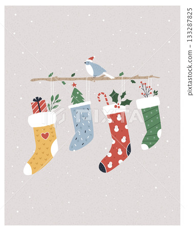 Hanging Christmas Stockings with Bird and Gifts: Cozy Holiday Winter Illustration Hanging Christmas Stockings with Bird and Gifts: Cozy Holiday Winter Illustration 133287825